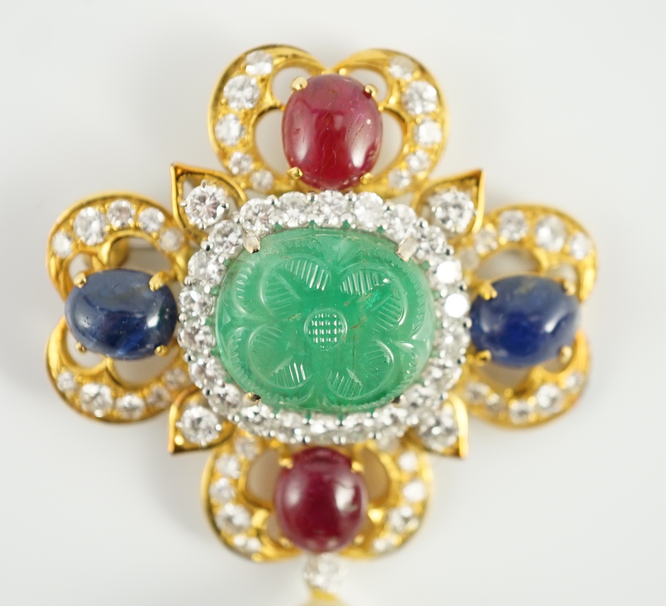 A mid 20th century 18k gold ‘four leaf clover’ emerald, cabochon sapphire, cabochon ruby and baroque pearl set drop pendant brooch, by Trio Pearl Company, Hong Kong